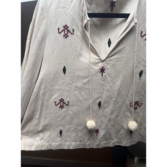 Madewell Women Shirt Small Silk Red Embroidered Aztec Print Tassel Poms Top - Picture 15 of 16